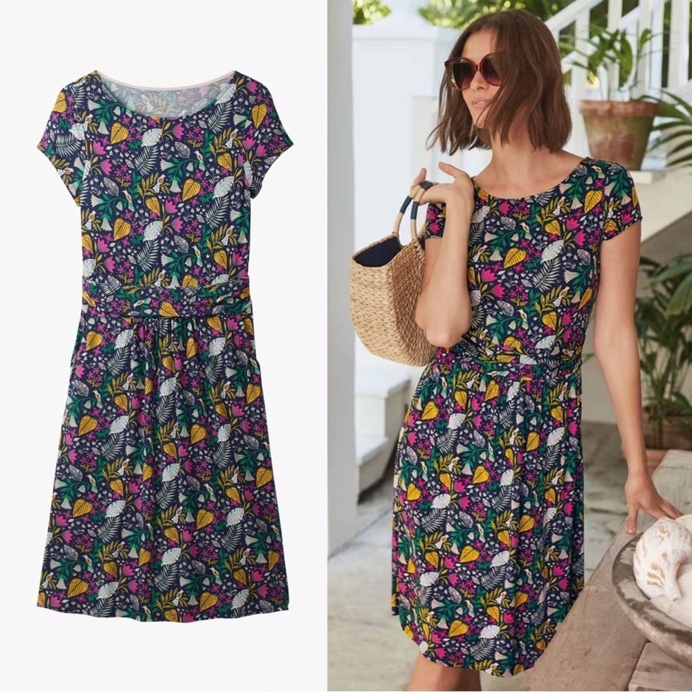 Boden • Amelie Jersey Dress knit Navy Paradise floral print fit & flare ruched